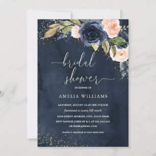 Invitation Mariage Navy Pailleté Floral Aquarelle