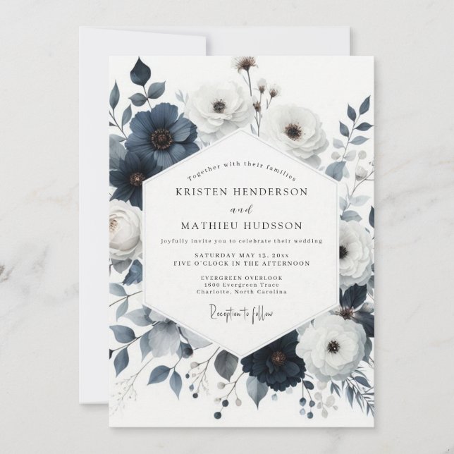 Invitation Mariage Navy Painterly Bloom (Devant)