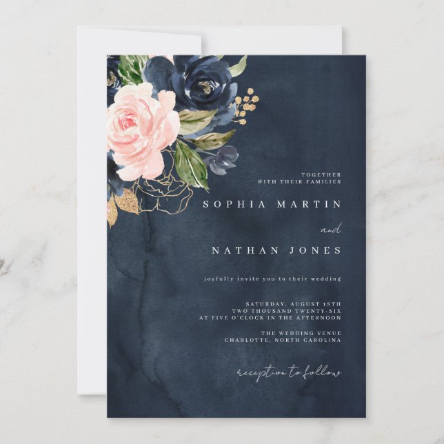 Invitation Mariage Navy Pink Elegant Aquarelle Florals (Devant)