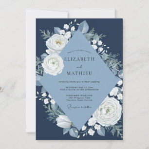 Invitation Mariage Navy White Camélia Eucalyptus