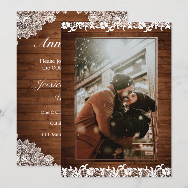 Invitation Mariage & Noces Bois Rustique et Dentelle Blanche  (Devant / Derrière)