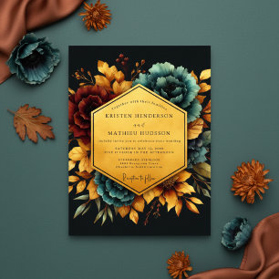 Invitation Mariage Nocturne Floral Sarcelle et Bourgogne