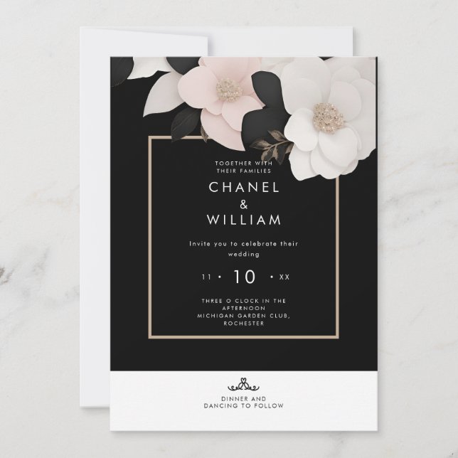 Invitation Mariage noir à fleurs d'inspiration chanelle (Devant)