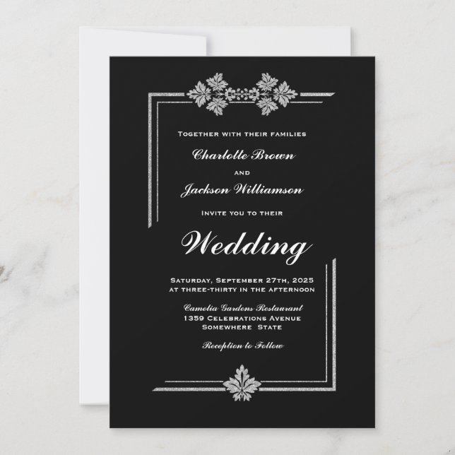 Invitation Mariage noir à la bordure en argent moderne (Devant)