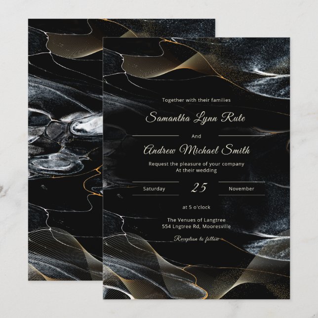Invitation Mariage noir blanc et or personnalisé (Devant / Derrière)