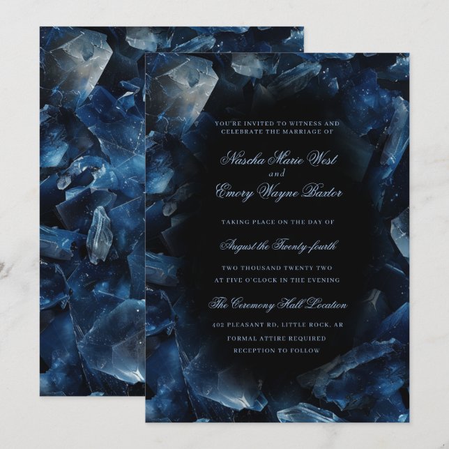 Invitation Mariage noir cristaux de sorcière bohème bleu fonc (Devant / Derrière)