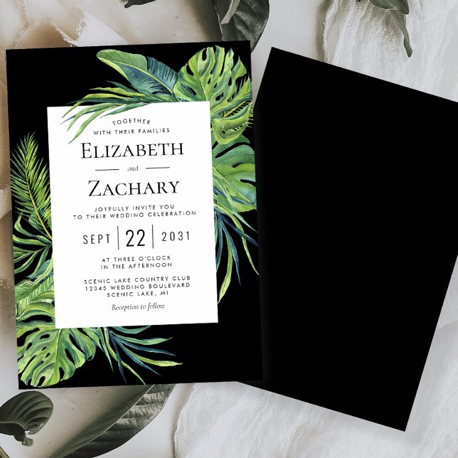 Invitation Mariage noir de cadre de feuillage Tropical Lush (Créateur téléchargé)