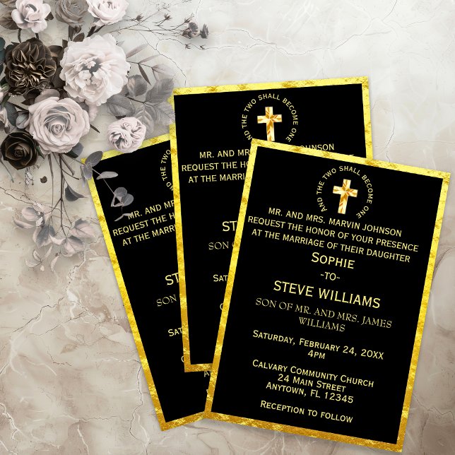 Invitation Mariage noir de la Croix chrétienne d'or tradition (Traditional Gold Christian Cross Black Wedding Invitation)