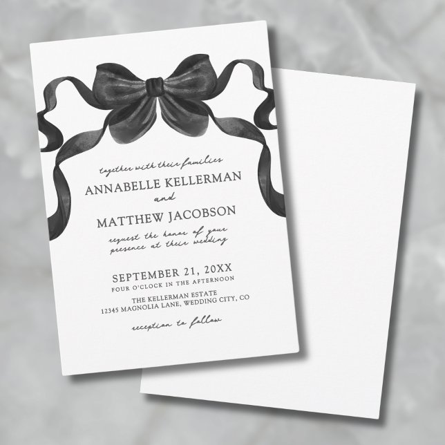 Invitation Mariage Noir et Blanc avec un Élégant Nœud (Elegant Ribbon Bow Black And White Wedding Invitation)