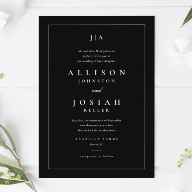 Invitation Mariage noir et blanc classique (Classic formal black and white wedding invitation with couples monogram and elegant typography.)