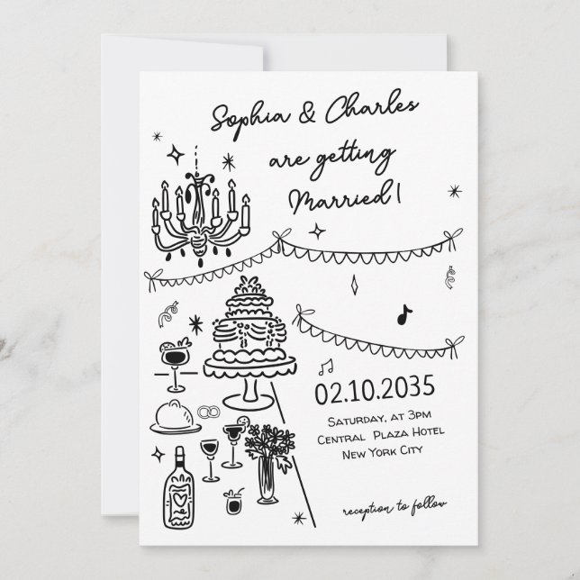 Invitation Mariage noir et blanc dessiné main lunaire (Devant)