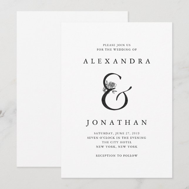 Invitation Mariage noir et blanc floral de l'esperluète | (Devant / Derrière)