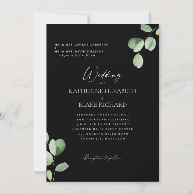 Invitation Mariage noir et blanc Les deux parents Eucalyptus (Devant)