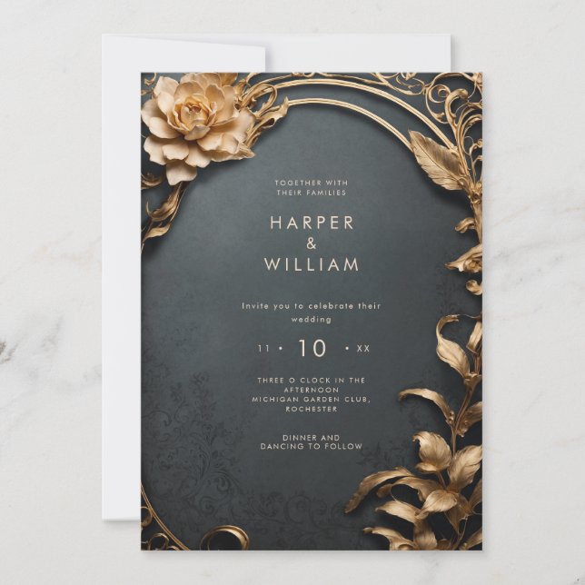 Invitation Mariage noir et or enchanté (Devant)