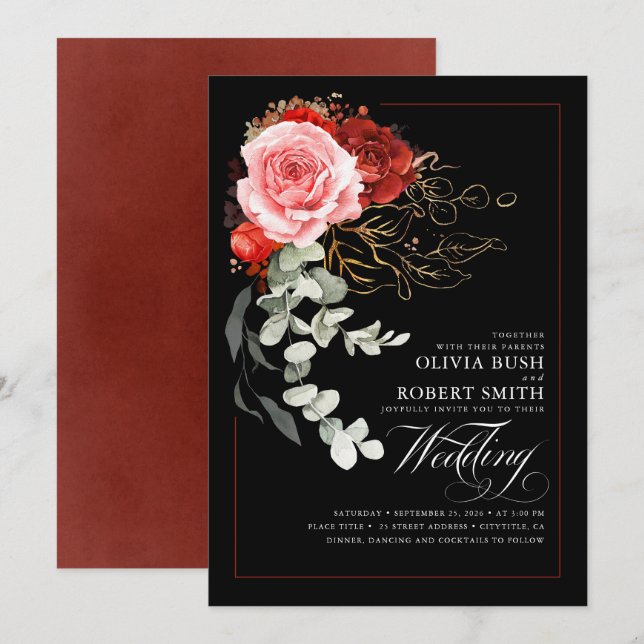 Invitation Mariage noir Eucalyptus rouge Bourgogne (Devant / Derrière)