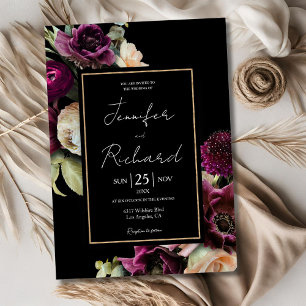 Invitation Mariage noir fleur pourpre foncé et maussade