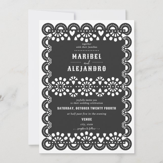 Invitation Mariage noir floral à feutre mexicain Picado (Devant)