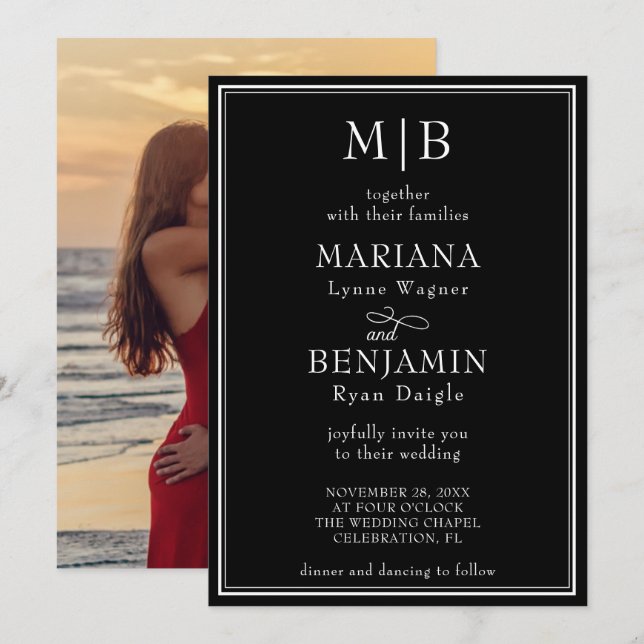 Invitation Mariage noir minimaliste de la bordure linéaire mo (Devant / Derrière)