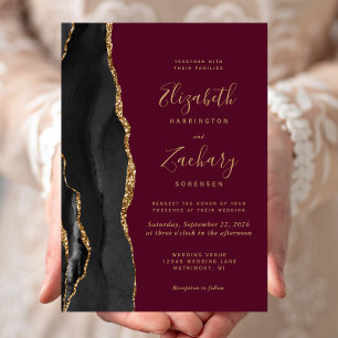 Invitation Mariage Noir Or Agate Bordeaux Rouge