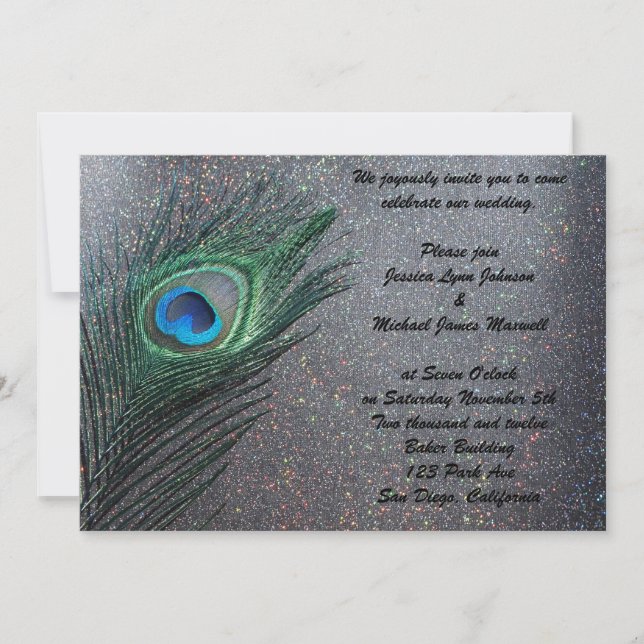 Invitation Mariage noir scintillant de paon (Devant)
