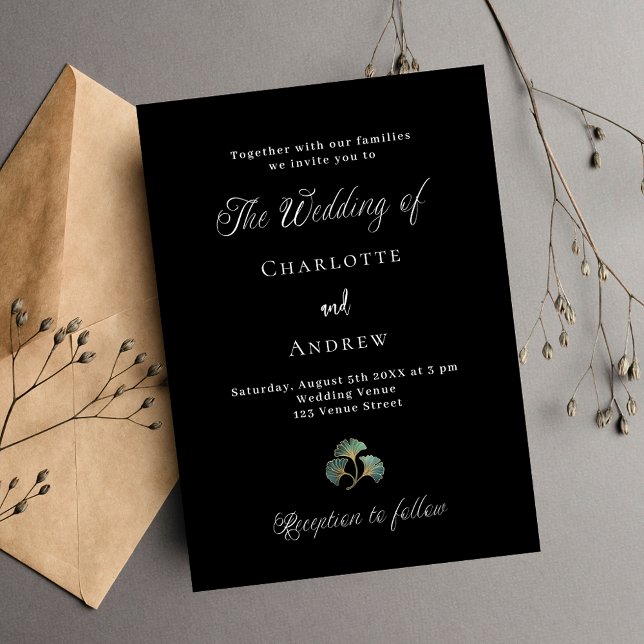 Invitation Mariage noir vert ginkgo feuille script luxe (Créateur téléchargé)