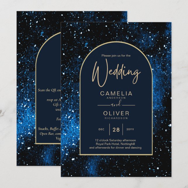 Invitation Mariage Nuit Étoilée Bleu Nuit Or Galaxie (Devant / Derrière)