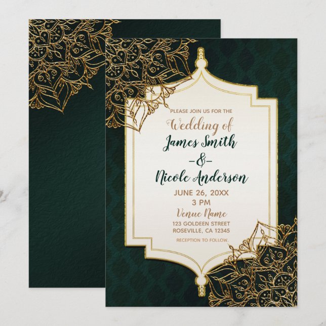 Invitation Mariage Nuits arabes marocaines vert et or (Devant / Derrière)