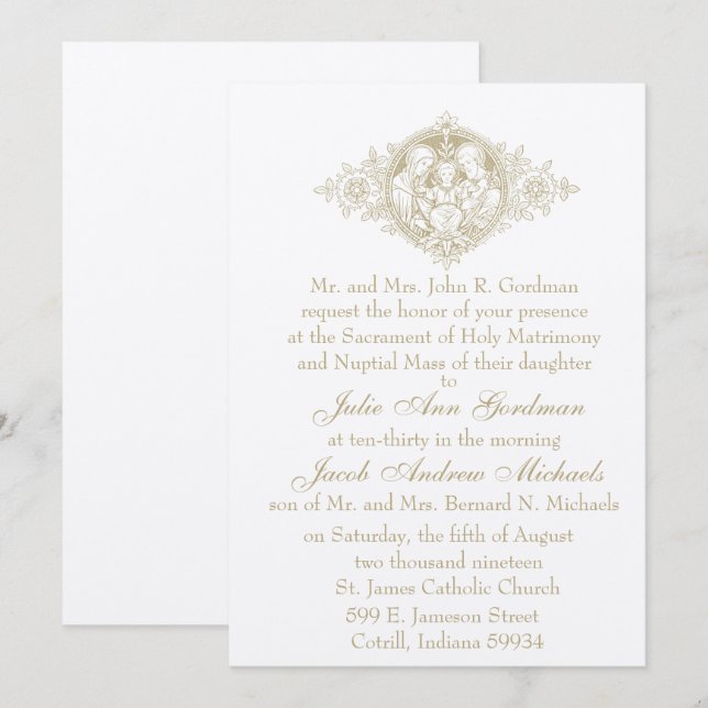 Invitation Mariage nuptial de la Sainte Famille d'Or catholiq (Devant / Derrière)