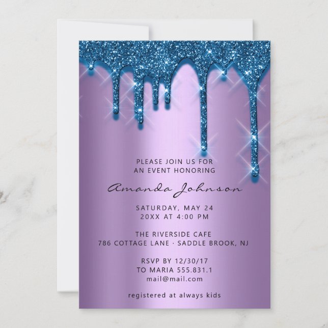 Invitation Mariage nuptiale Anniversaire 16e Bleu pourpre 3D  (Devant)