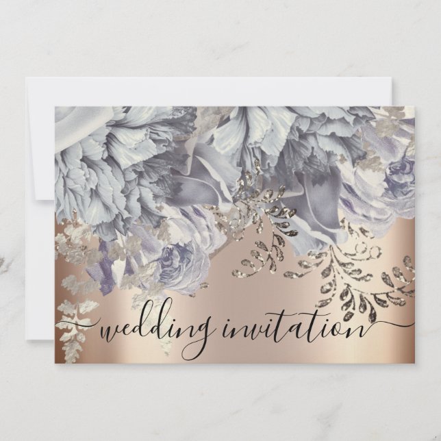 Invitation Mariage nuptiale Rose bleu Fleurs d'argent (Devant)