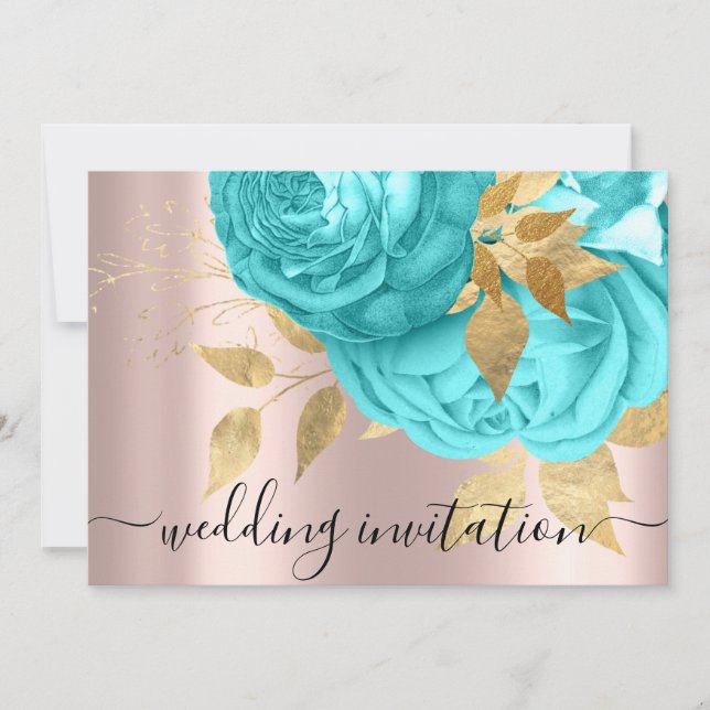 Invitation Mariage nuptiale Royal Blue Aqua Roses d'or (Devant)