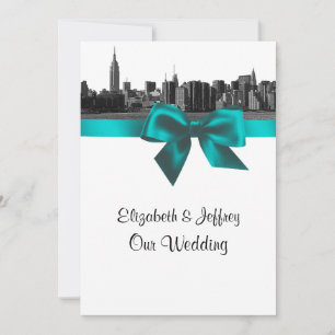 Invitation Mariage NYC Skyline large vue gravé BW sarcelle