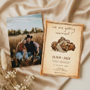 Invitation Mariage occidental rustique vintage photo dessinée