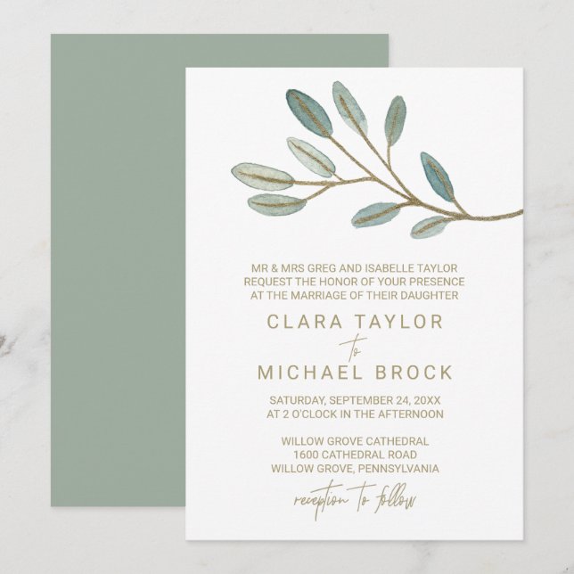 Invitation Mariage officiel de l'eucalyptus veiné d'or (Devant / Derrière)