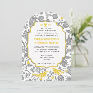 Invitation Mariage oiseaux de l'amour floraux gris et jaune v