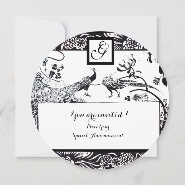 Invitation MARIAGE OISEAUX DE L'AMOUR MONOGRAMME Noir,Blanc C (Devant)