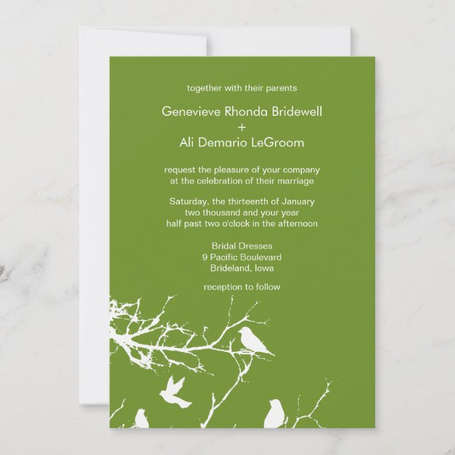 Invitation Mariage Olive Drab Inséparables personnalisable (Devant)