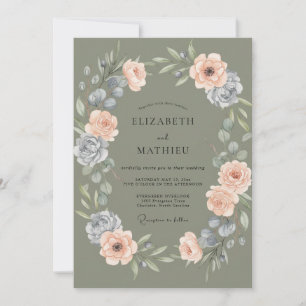 Invitation Mariage Olive Pêche Ranunculus Eucalyptus