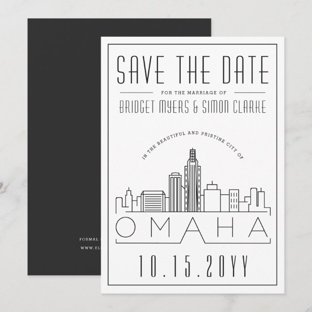 Invitation Mariage Omaha | Skyline stylisée Enregistrer la da (Devant / Derrière)