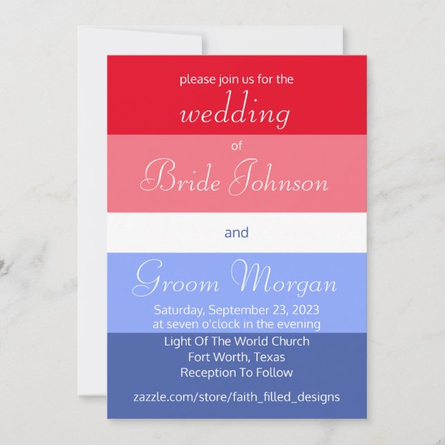 Invitation Mariage Ombré rouge, blanc et bleu pour la journée (Devant)