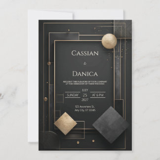 Invitation Mariage Opulent Art Déco Géométrique Or Noir
