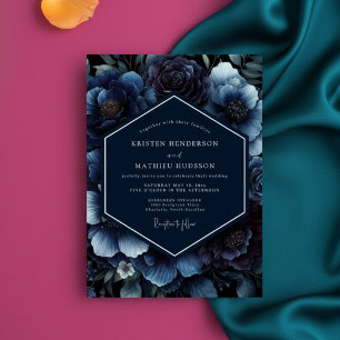 Invitation Mariage Opulent Fleur Bleu Profond