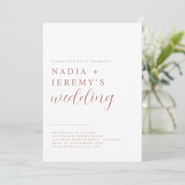 Invitation Mariage or blanc et Rose simple (Debout devant)