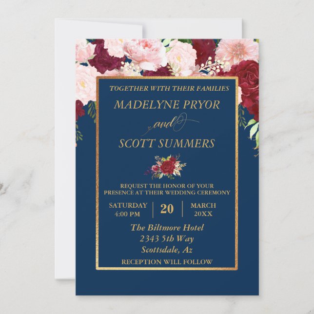 Invitation Mariage or de cadre or bleu marine Bourgogne (Devant)