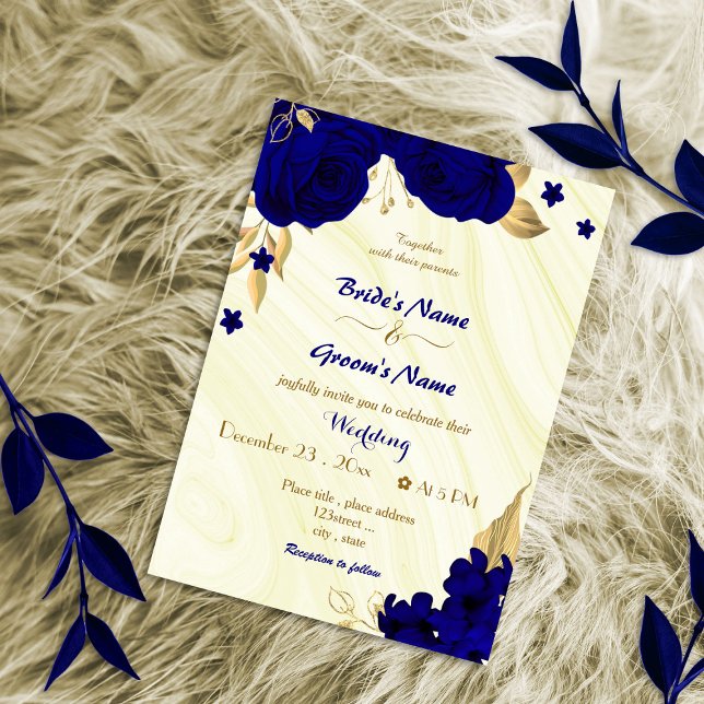 Invitation mariage or de fleurs bleu royal (Créateur téléchargé)