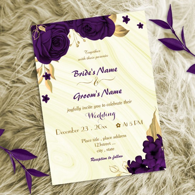 Invitation mariage or des fleurs violettes royales (Créateur téléchargé)