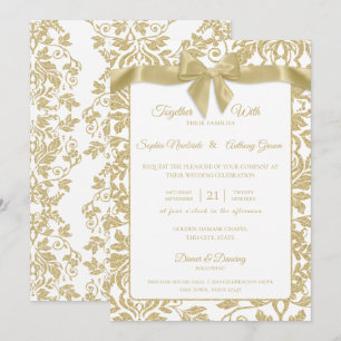 Invitation Mariage or et blanc Damask et Bow