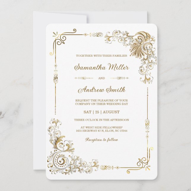 Invitation Mariage Or et blanc modifiable (Devant)