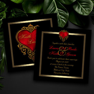 Invitation Mariage Or Noir et Cœur Rouge