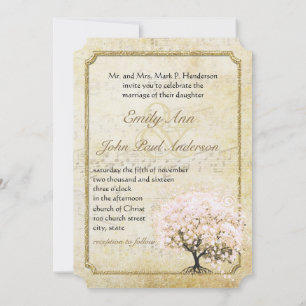Invitation Mariage or Rose de feuille de coeur rose pâle